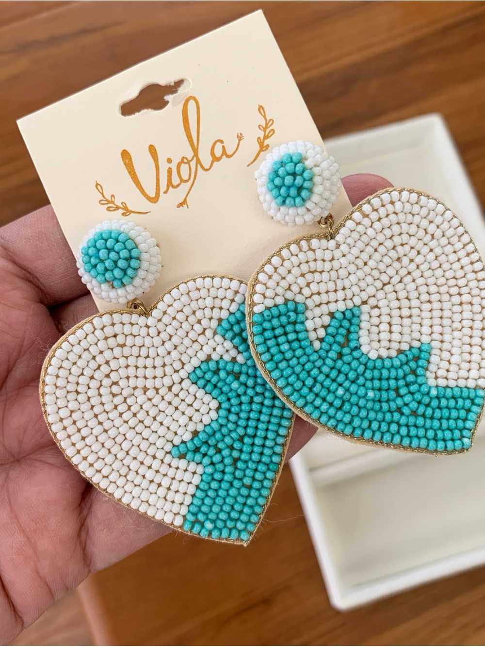 Turquoise & White Beaded Heart Drop Earrings